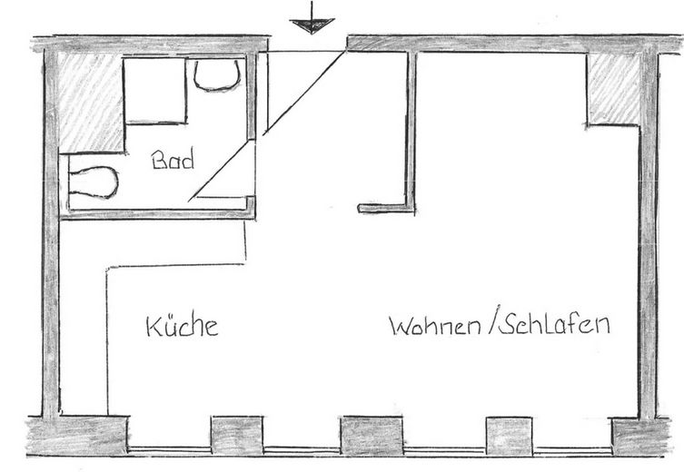Furnished, bright 1-room apartment at the park – Grundriss Skizze