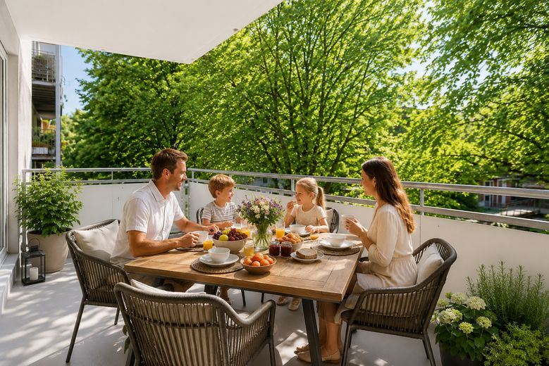 Appartamento per famiglie di rara bellezza – balcone esposto a sud-ovest, 2 bagni e posizione tranquilla di prim’ordine a Freiburg-Vauban – Süd-West Balkon Überdacht 