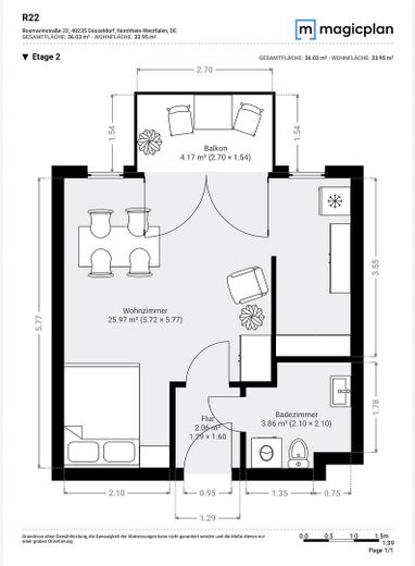 Bezugsfrei in Flingern: 1-Zimmer-Wohnung mit Balkon, Keller und Tiefgarage – Grundriss moebiliert