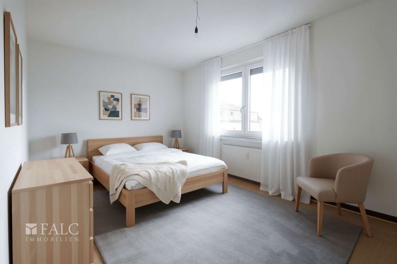 Charmante 3-Zimmer-Wohnung mit einzigartigem Fensterband – Schlafzimmer (Beispieleinrichtung)