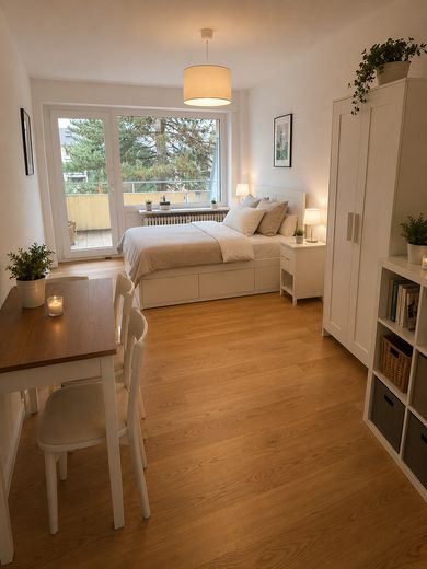 🌿 Bezugsfertig vollmöbliert – 1-Zimmer-Wohnung im vollsanierten A+-Haus mit Balkon! 🌳 – Zimmer gestaged mit AI
