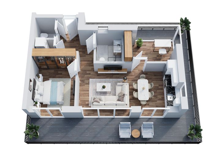 Kompaktes Penthouse mit großem Wohngefühl – Grundriss 3D Wohnung 8 