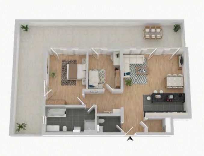 Prov.frei!-Hochwertige 3-Zi.-Terrassenwohnung mit großer Dachterrasse, Küche, zentral – 3D - Raumaufteilung
