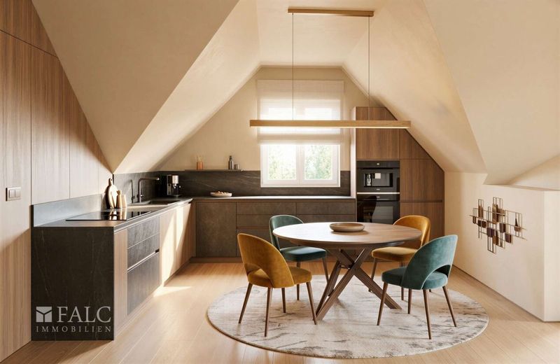 Exklusive Dachgeschosswohnung im historischen Fachwerkhaus mit Fernblick bis Schloss Homburg – Küche Einrichtungsbeispiel - (KI Staging)