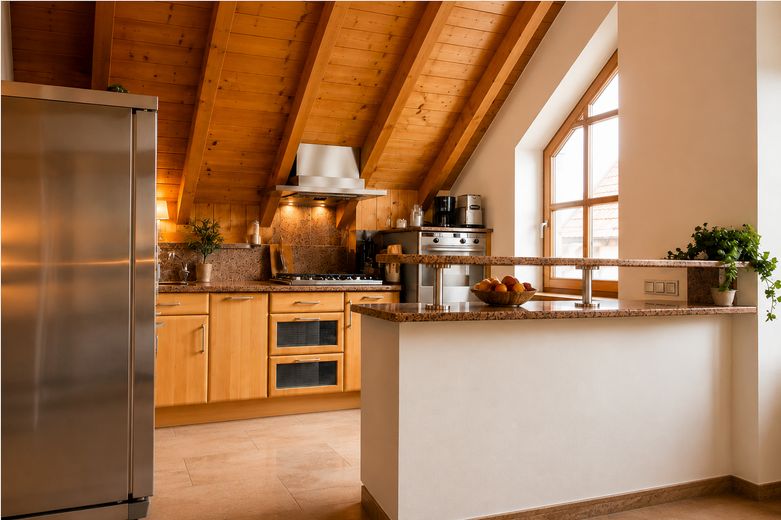 Exklusive Dachgeschosswohnung mit Galerie, Kamin und außergewöhnlichem Wohnambiente – Gemütliche Küche 