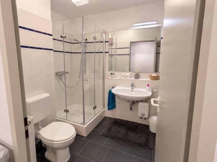 Gepflegte 2-Zimmer-Wohnung mit Südwest-Terrasse, separatem Aufgang und Tiefgaragenstellplatz – Badezimmer