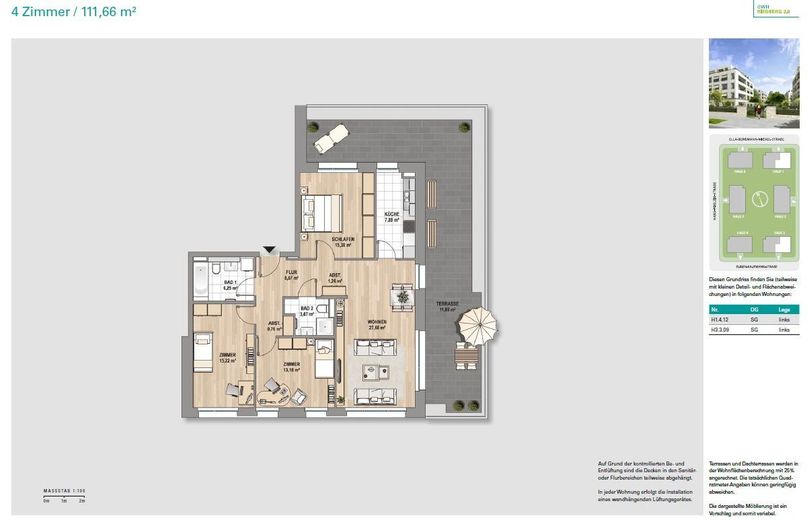 PROVISIONSFREI Penthouse 112 m², WESTFLÜGEL Riedberg, A+ Hausgeld EUR275 -  47,5m² Dachterrasse – Grundriss