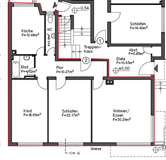 3 Zimmer Wohnung mit Einbauküche, saniertem Badezimmer und sep. WC – Grundriss Whg. Nr. 2 EG