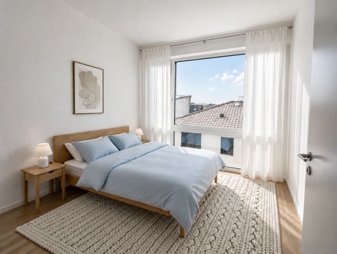 Haus im Haus großzügige 156 m² 4 Zimmer Penthousewohnung mit Aufzug, Süd Balkon, nahe Berlin – Schlafzimmer KI-visualisiert