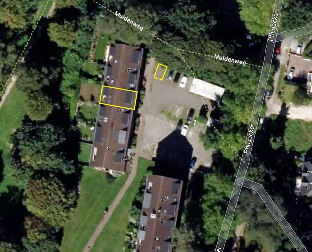 Helle voll möblierte Maisonette-Wohnung auf 2 Ebenen in ruhiger Lage in Hamburg-Eidelstedt – Luftbild, Whg u Stellpl gelb