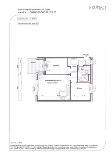 Construcción nueva 2025, sin comisión: 3 habitaciones, 74,43 m², balcón, ascensor - Berlín-Lichterfelde – Grundriss mit Maßangaben