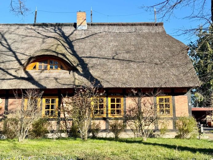 HORN IMMOBILIEN ++ tolles Reetdach-Fachwerkhaus in Alt Rehse bei Neubrandenburg, Denkmalschutz – Hausansicht Straßenseite