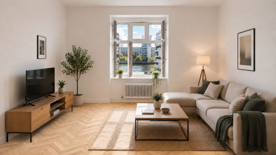 Direkter Spreeblick | 107 m² bezugsfrei | Aufzug | provisionsfrei | 3–4 Zimmer – Visualisierung Wohnzimmer