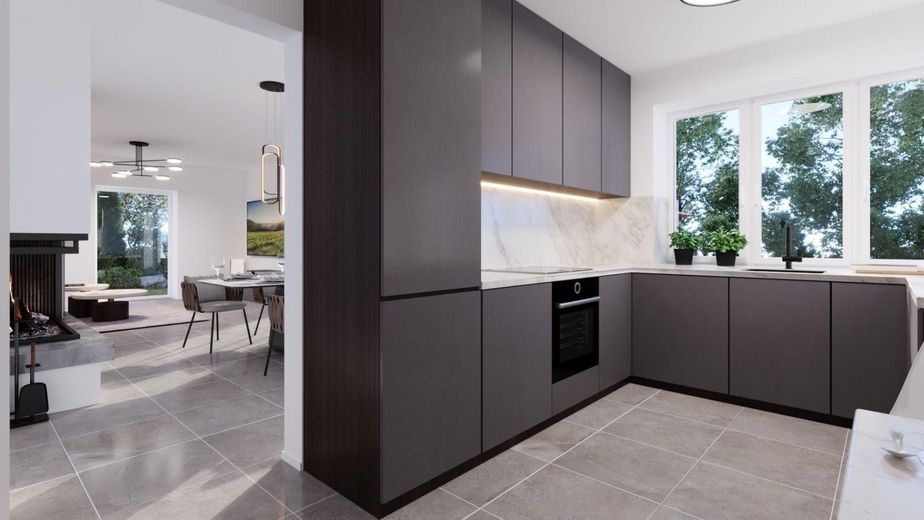 z.B. Küche Wohnraum mit Kamin