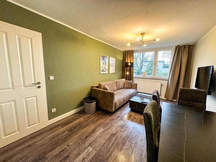 Voll möbliertes 2 1/2 Zimmer Apartment mit Balkon und High-Speed-Internet – Wohnzimmer