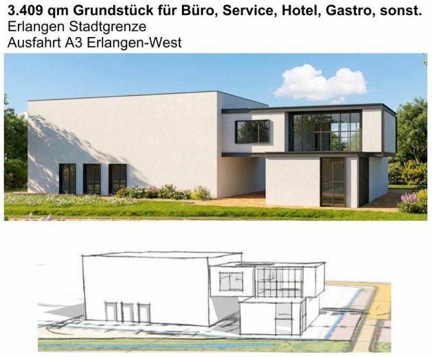 Top-Grundstück 3409 qm, A3 Erlangen-West, teilbar – Projektidee Firmensitz