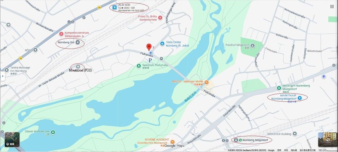 Aydınlık 2 odalı – Sakin ve yeşil – St. Jobst / Erlenstegen – Wöhrder See’ye 1 dakika – Garaj – Übersichtskarte