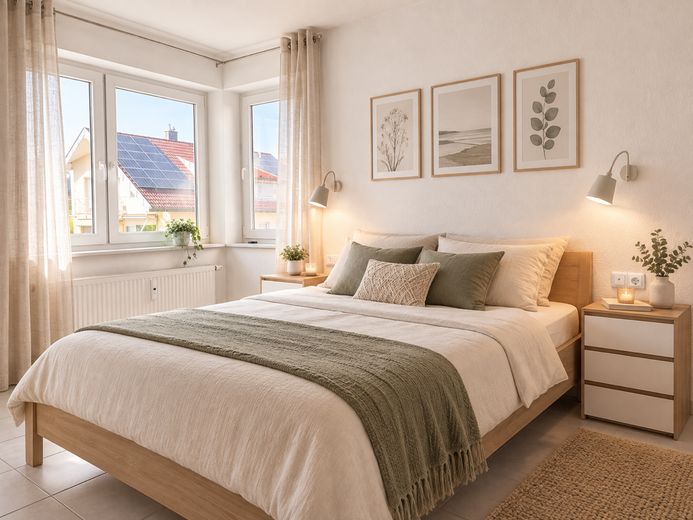 Céntrico y tranquilo: piso de 4 habitaciones con balcón en el corazón de Maichingen – Schlafzimmer