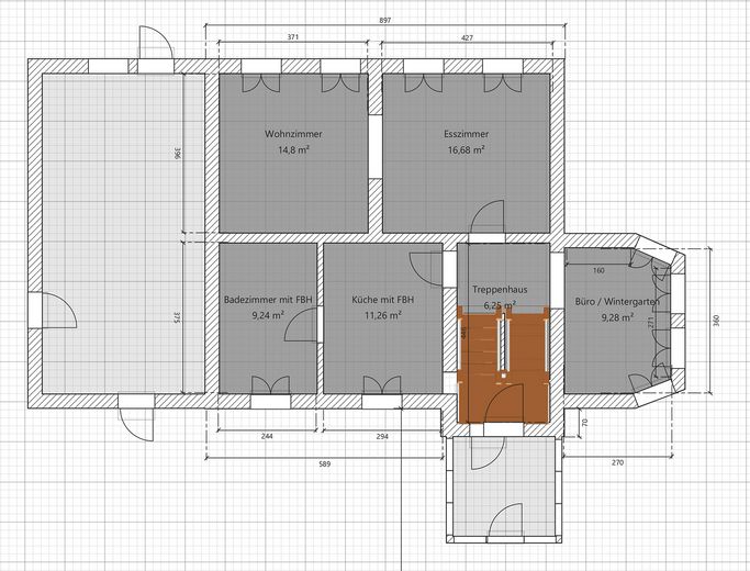 Charming country house with living basement, large garden, workshop, two verandas, hobby stable – Skizze Erdgeschoss (hochpart.)
