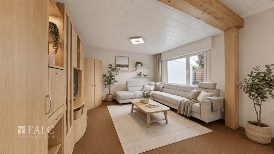 Großzügiges Einfamilienhaus mit Garten, Pool und flexiblen Nutzungsmöglichkeiten in ruhiger Wohnlage – Wohnzimmer Erdgeschoss (virtuell eingerichtet)