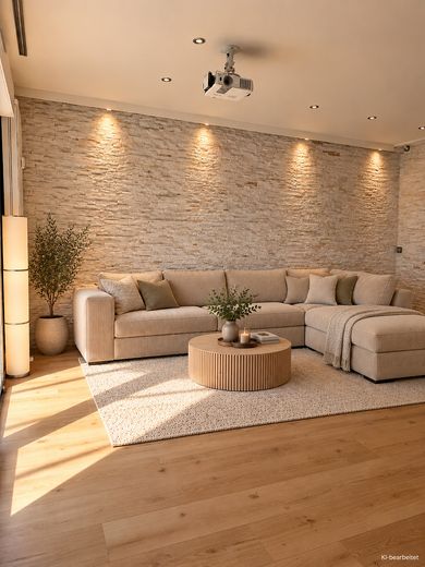 Komisyonsuz: Teraslı, konut amaçlı kullanılan bodrum katı ve hobi/sinema odalı 3,5 oda – Steinwand mit Möbel 