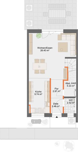 Neubau-Reihenhaus mit Terrasse 140 m² Familienhaus mit sehr niedrigen Energiekosten (EH-40 + PV) – EG