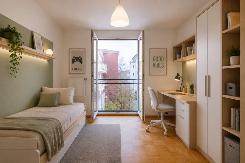 Appartamento per famiglie di rara bellezza – balcone esposto a sud-ovest, 2 bagni e posizione tranquilla di prim’ordine a Freiburg-Vauban – Jugendzimmer/Office