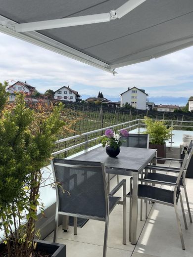 Penthouse mit teilweiser Berg- und Seesicht, 50 m² Außenflächen – Toplage Ailingen – Aussicht Balkon Ost