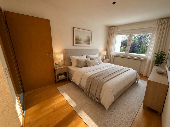 Modernisierte 3-Zimmer-Wohnung mit Einbauküche, Balkon & Blick ins Grüne – Schlafzimmer (KI-generiert)