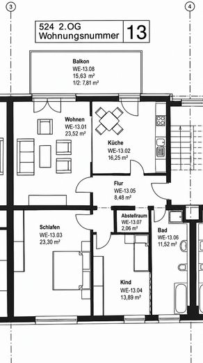 Ehrlich und provisionsfrei:  große 3-4 Zimmer Wohnung mit großzügigem Balkon & Stellplatz – Grundriss 3 Zimmer