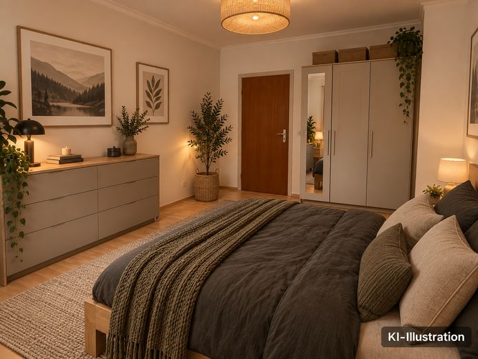 Wynajęte mieszkanie 2-pokojowe w bardzo dobrej lokalizacji – Schlafzimmer (KI-Illustration)
