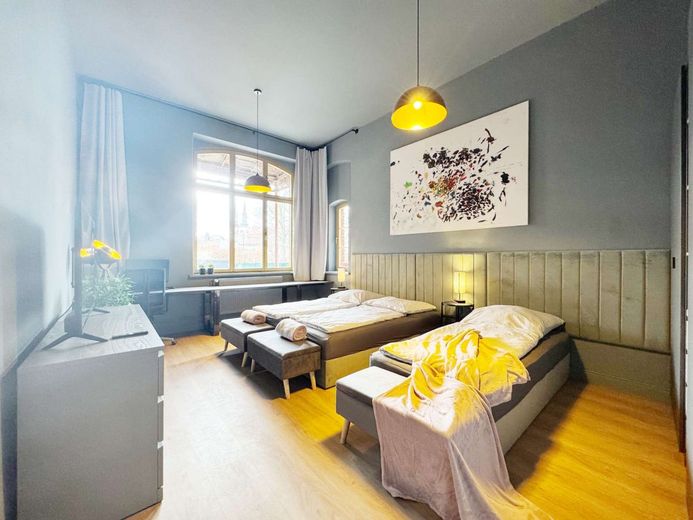 Design trifft Natur - Ferien-Wohnung am Kanal für bis zu 8 Personen (115m2) in Schönebeck – Schlafzimmer 1 mit Doppel- Einzelbett