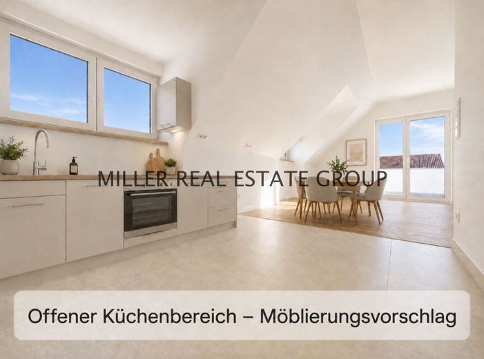 Exklusive Neubau-Dachgeschosswohnung in Ingolstadt-Unterhaunstadt - ca. 116 m², Erstbezug, KfW 55 &amp; zwei separat nutzbare Wohnbereiche! – Die dargestellte Küchenzeile ist ein unverbindlicher Gestaltungsvorschlag und nicht Bestandteil des Verkaufs, sofern im Exposé nicht ausdrücklich anders angegeben.