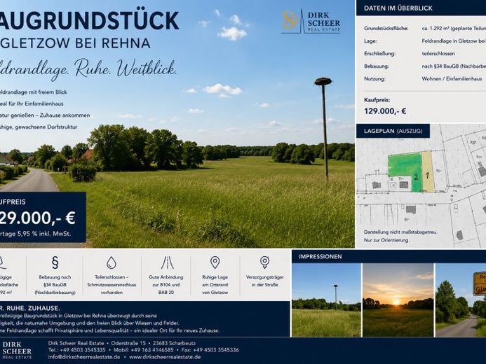 Feldrandlage mit Weitblick – 1.292 m² Baugrundstück (Nummer 1) in Gletzow bei Rehna – Foto 1