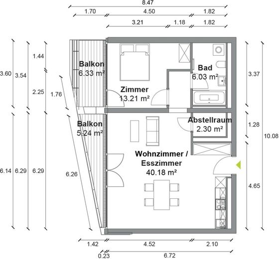 Große und helle 2 Zimmer Wohnung mit 2 Balkons, ca. 67 m²,  EBK und Concierge in Mitte – Grundriss A609