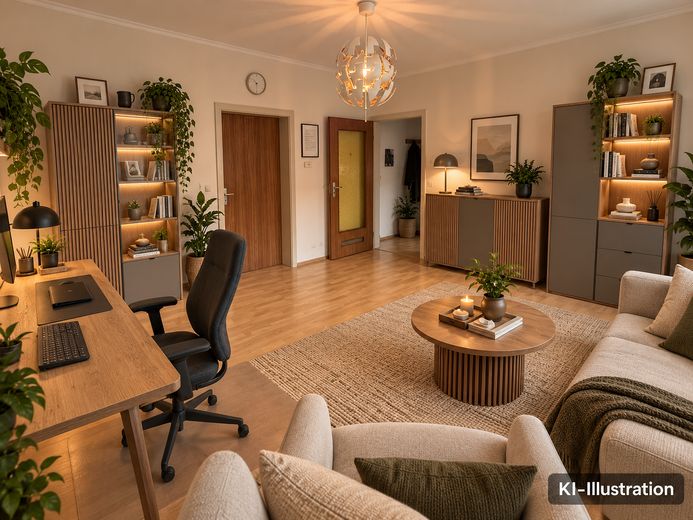 Wynajęte mieszkanie 2-pokojowe w bardzo dobrej lokalizacji – Wohnzimmer (KI-Illustration)