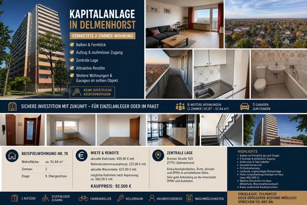 Vermietete 2-Zimmer-Wohnung mit Balkon und Fernblick – attraktive Kapitalanlage in Delmenhorst