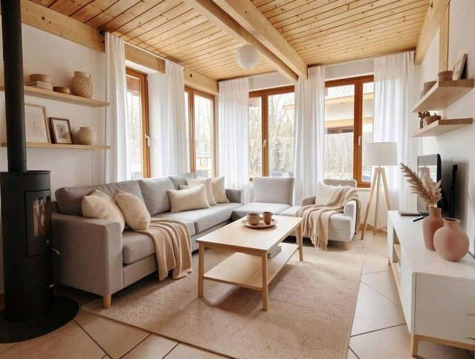 Hochwertige Baukunst &amp; nachhaltige Ausstattung - ein Zuhause mit Zukunft – großzügiger Wohnbereich mit Ofen EG - (KI generiert)