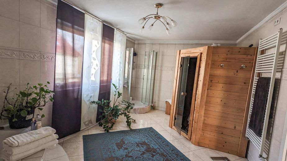 Badezimmer mit Sauna. 