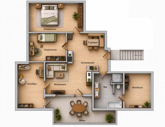 4-Zimmer-Traum mit Galeriefeeling, Fensterfront und Südbalkon – Visualisierter Grundriss