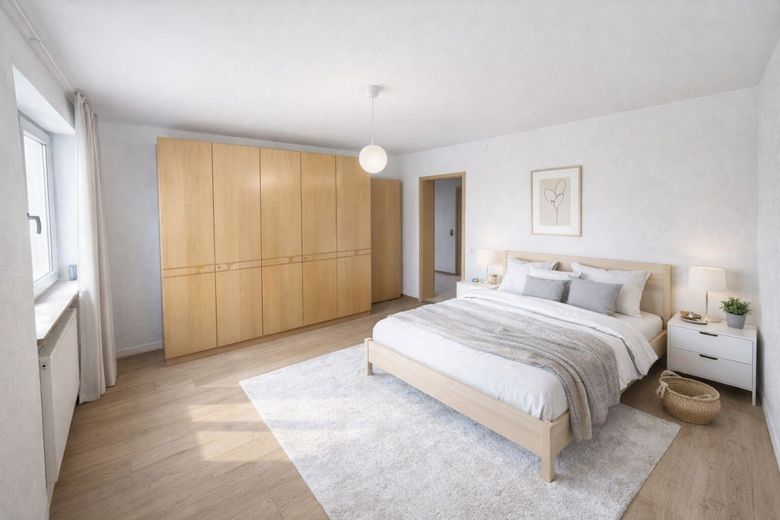 Einmaliger Vierseithof im LK Bamberg! Riesiges Grundstück, 2 x Haus, Halle, 6000 qm Bauland! Garten! – Nach Renovierung - Digitales Homestaging des Schlafzimmers