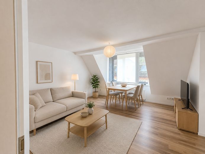 Attraktive 3-Zimmer-Maisonette mit Balkon und Schlossblick in zentraler Lage von Schwerin – Wohnzimmer virtuell möbliert