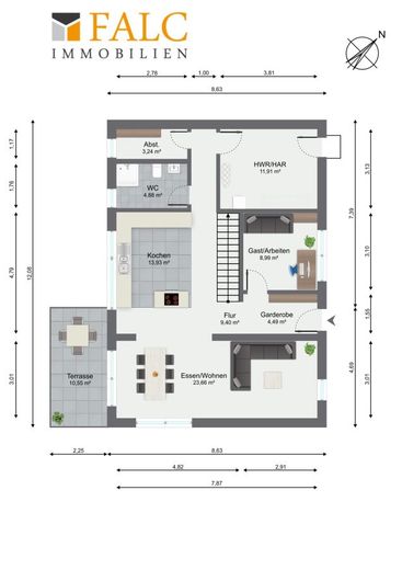 Freistehendes Einfamilienhaus nach KfW55 – Grundriss Erdgeschoss