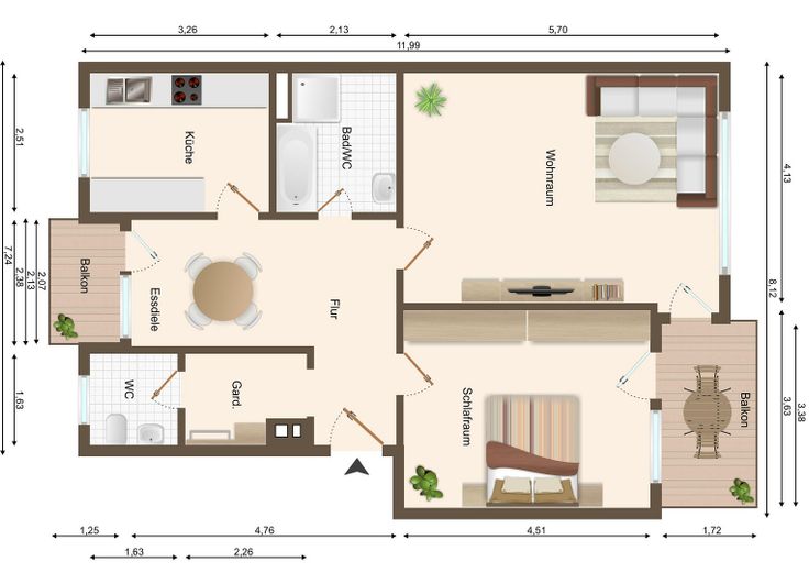 2,5 Zi-Wohnung Hochparterre mit Nord und Süd Balkon in ruhiger Lage, Tiefgarage, geringe Nebenkosten – Grundriss