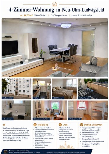Provisionsfrei: Großzügige 4-Zimmer-Wohnung mit Balkon & Stellplatz in Neu-Ulm-Ludwigsfeld – Zusammenfassung
