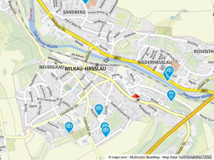 2-Zimmer-Wohnung mit schönem Bad in Wilkau-Hasslau, helle Räume, preiswert zu vermieten! – Kartenausschnitt
