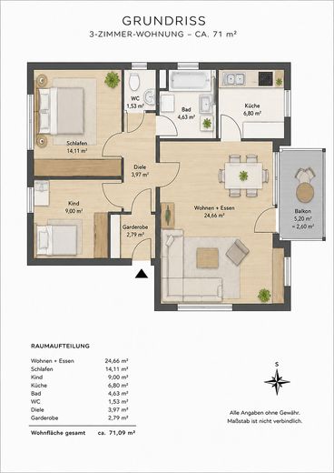 Schöne 3-Zimmer-Wohnung in ruhiger Top Lage inkl. Garage – Grundriss