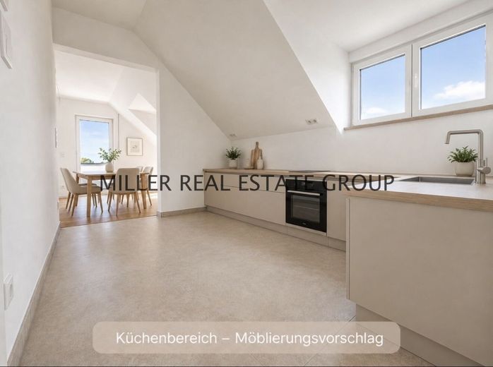 Exklusive Neubau-Dachgeschosswohnung in Ingolstadt-Unterhaunstadt - ca. 116 m², Erstbezug, KfW 55 &amp; zwei separat nutzbare Wohnbereiche! – Die dargestellte Küchenzeile ist ein unverbindlicher Gestaltungsvorschlag und nicht Bestandteil des Verkaufs, sofern im Exposé nicht ausdrücklich anders angegeben.
