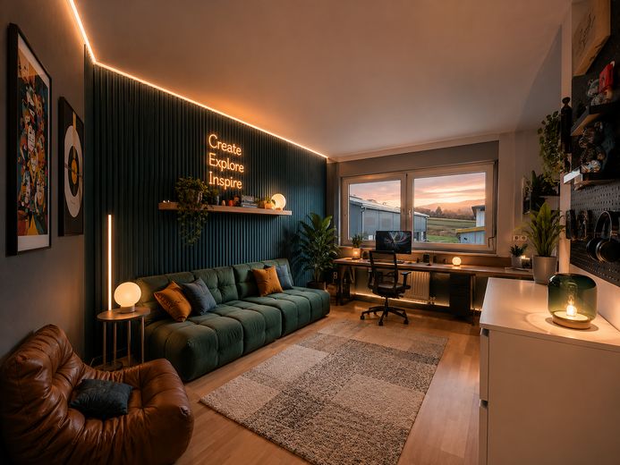 Wohnen & Arbeiten unter einem Dach – 479 m², 2 Wohnungen, Büros + Halle und Garten – Einrichtungsvorschlag