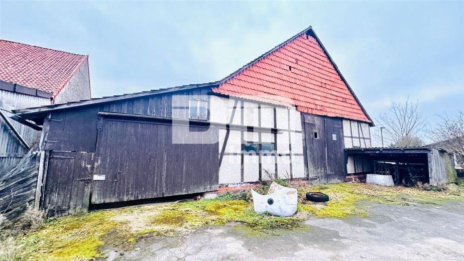Wohn / Gewerbe Ensemble mit Wohnhaus, Stallgebäude, großer Scheune sowie Nebengebäude – Rückansicht Scheune + Schleppdachanbau